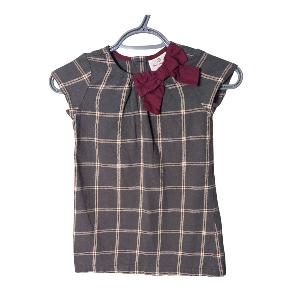 Hanna Andersson‎ Grey Maroon Plaid Flannel Bow Dress Holidays Size 4 (100cm)